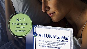 Müde Frau mit ALLUNA Schlaf Hier sieht man ALLUNA Schlaf mit einer müden Frau im Hintergrund.